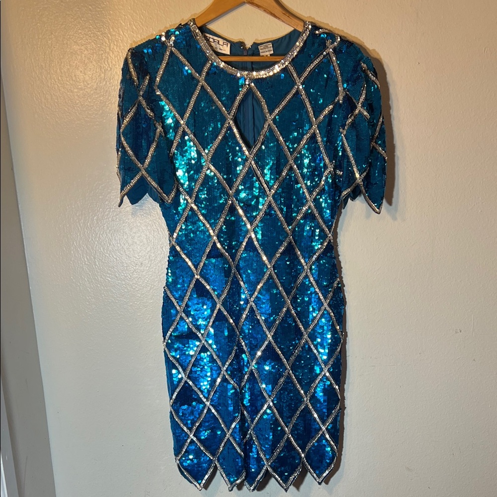 Scala 80s Harlequin Turquoise Teal Silver Sequin Mini Dress Keyhole Cut Out Med
